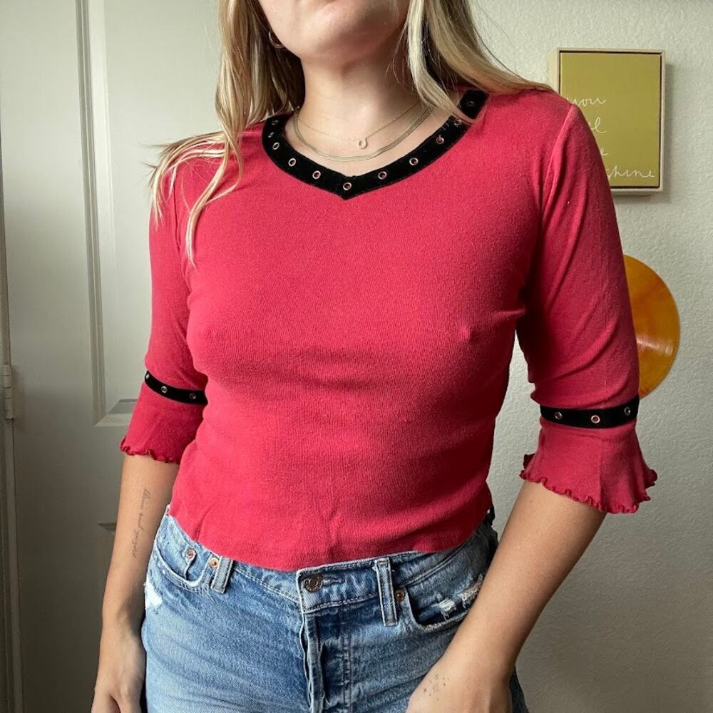 Vintage 90s Y2K Pogo Club of NY Red 1/2 Sleeve Velvet Trim Baby T Sz S